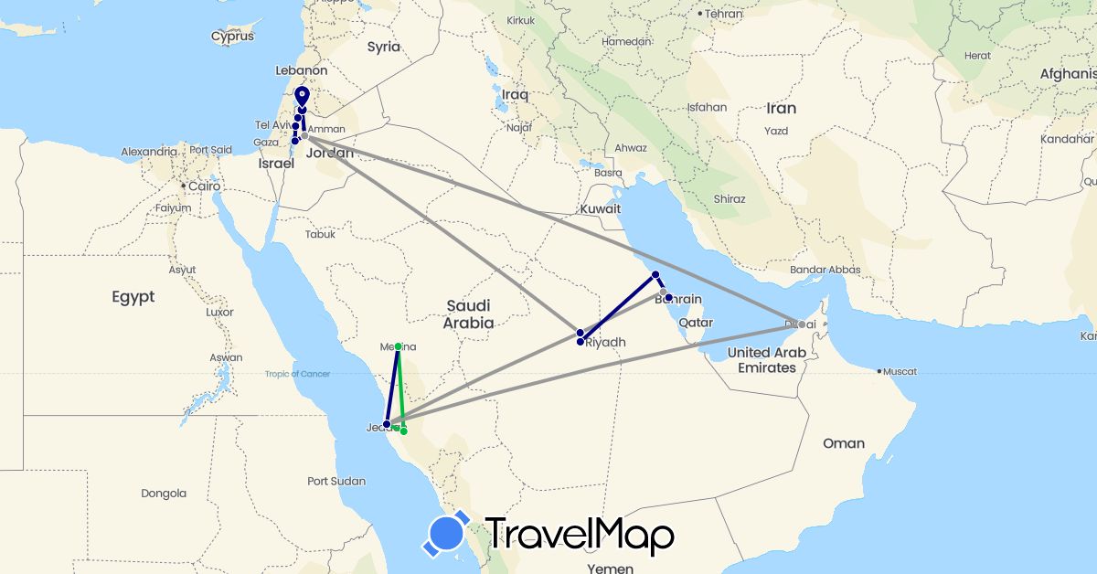 TravelMap itinerary: driving, bus, plane in United Arab Emirates, Jordan, Saudi Arabia (Asia)